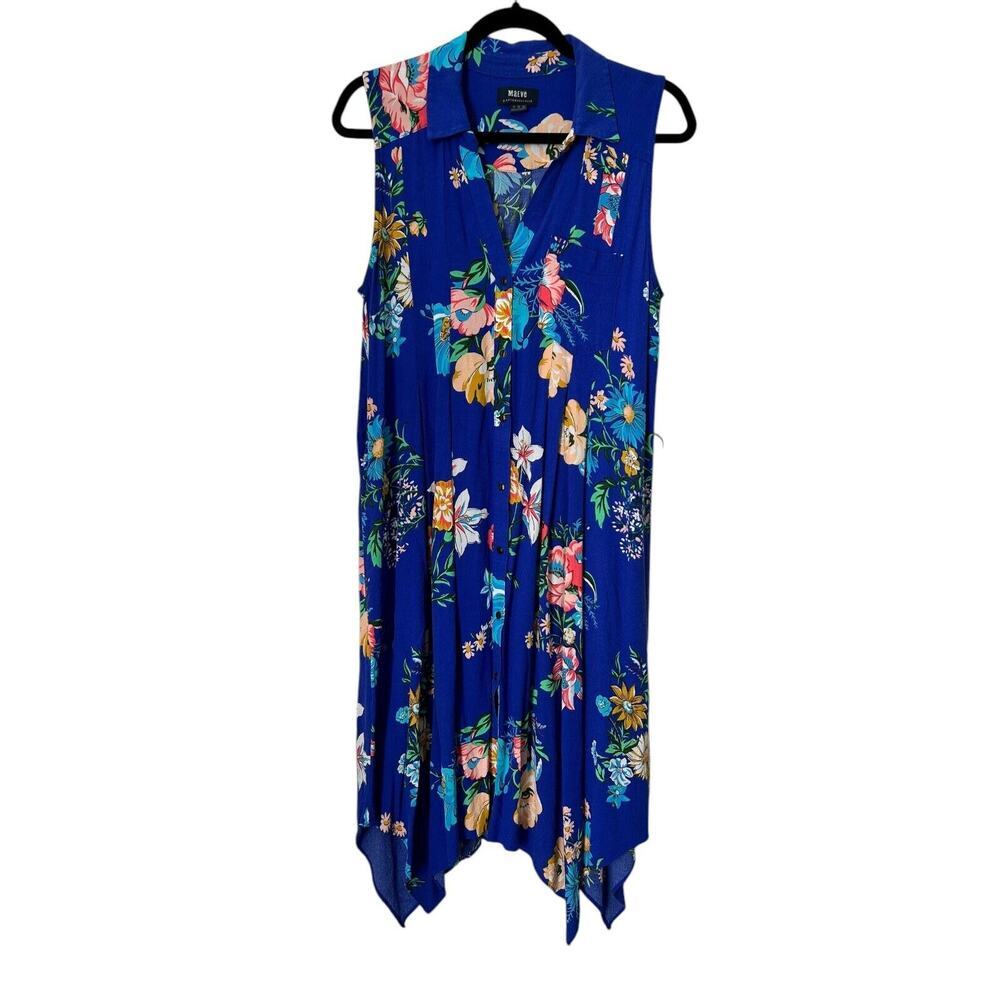 Maeve Anthropologie Shirt Dress 14 Blue Floral Button Front Sleeveless No Belt